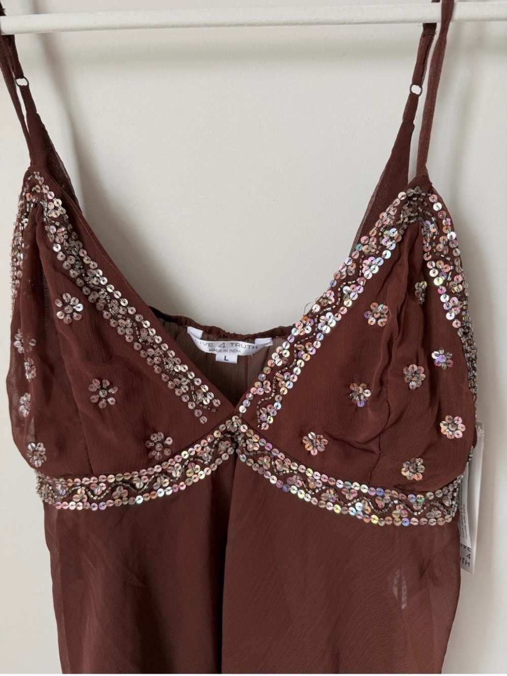 Live 4 Truth Vintage Brown Spaghetti Strap Sequin Embellished Women's Top - Picture 2 of 6